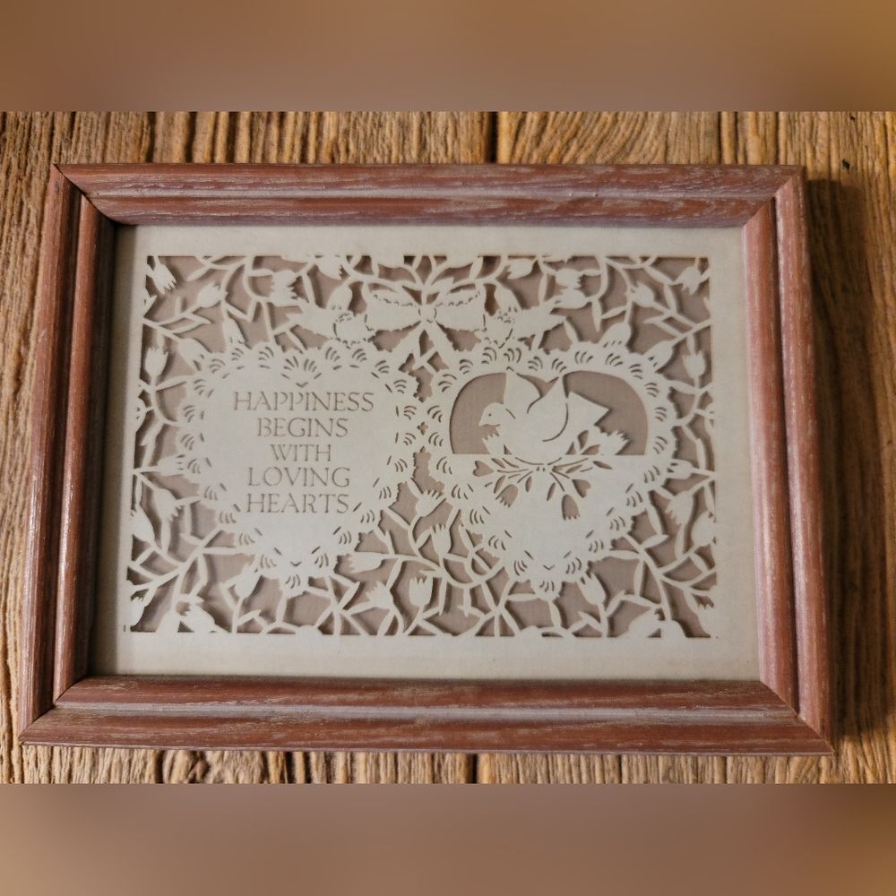 Vintage 70's Framed Scherenschnitte By Figi Graphics Happiness Begins With Love